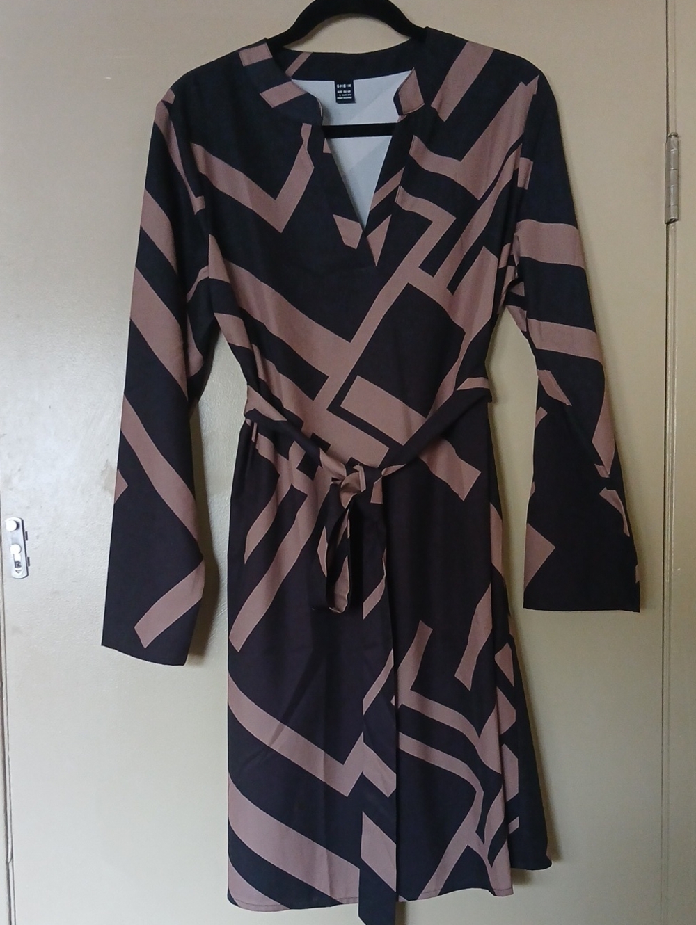 Geometric Midi Wrap Dress in Black and Brown